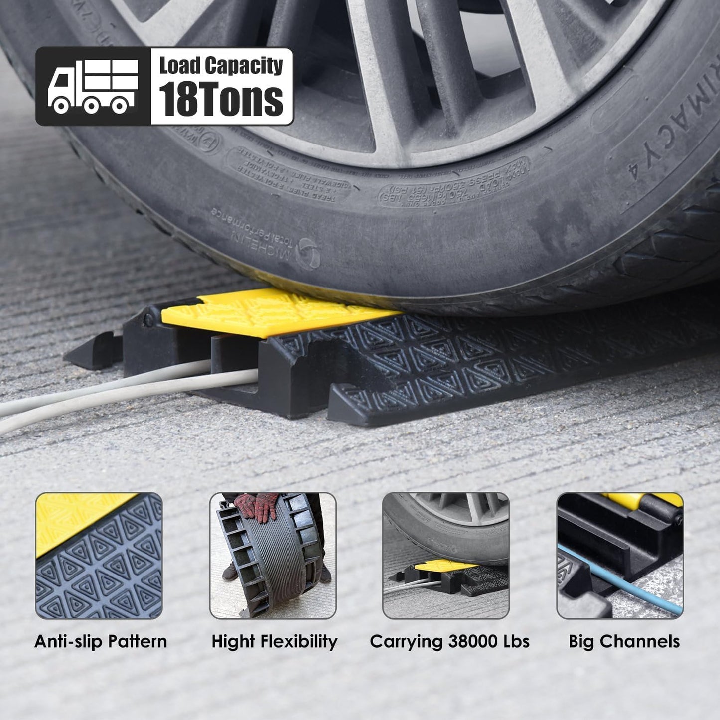 Heavy-Duty Rubber Cable Protector Ramp (4-Pack) - 2-Channel Floor Cord Cover for Driveway, Warehouse, Events - 22,000 lbs Load Capacity - Indoor & Outdoor Use - Cable Speed Bump for Hoses, Cables