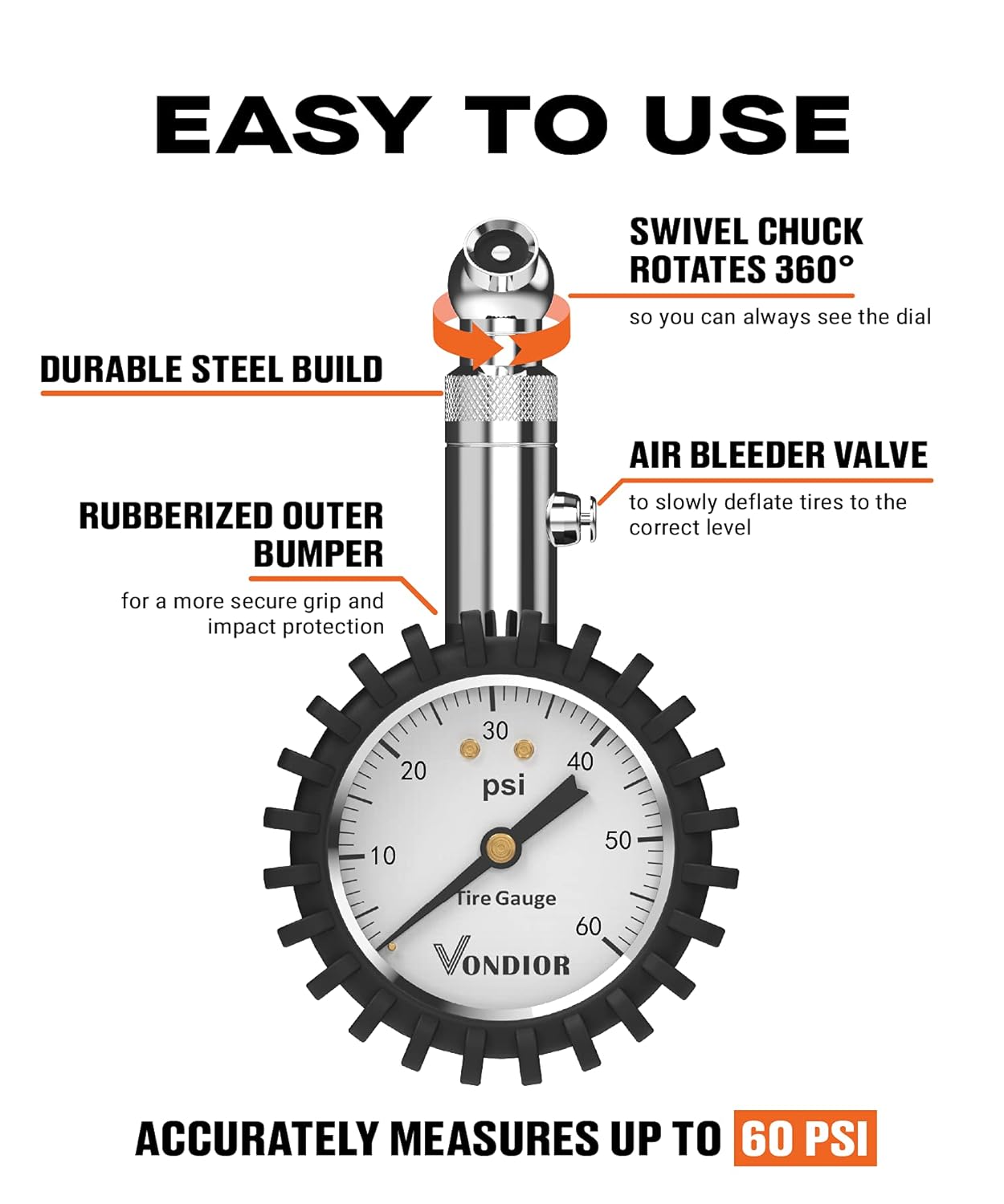 Tire Pressure Gauge - (0-60 PSI) Heavy Duty, Certified ANSI Accurate with Large 2 Inch Easy to Read Glow Dial, Low - High Air Pressure Gauge. Tire Gauge for Car and Trucks Tires by Vondior