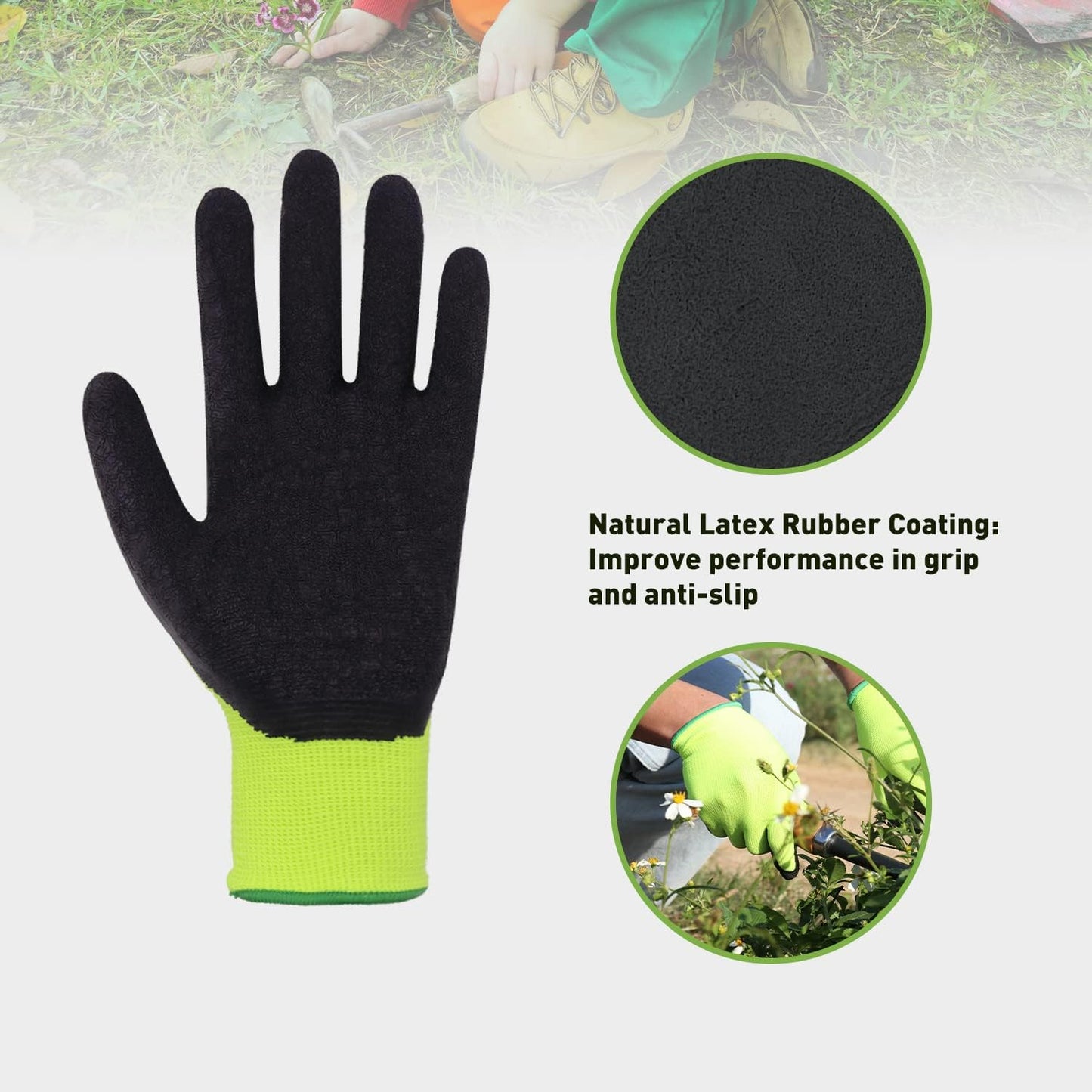 HANDLANDY 3 Pairs Kids Gardening Gloves Latex Free, Nitrile Coated Children Toddler Garden Yard Work Gloves for Little Girls Boys (Size S, Black-Green)