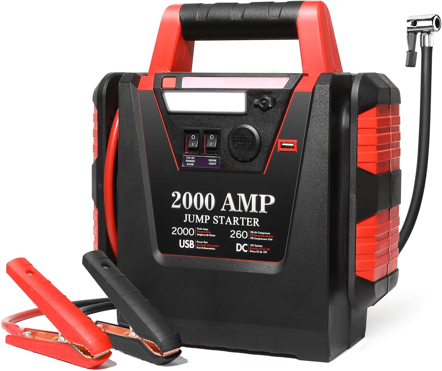 2000A Jump Starter with Air Compressor,Car Battery Jumper Starter 260 PSI Tire Inflator,6 in 1 Auto Lead-Acid Battery Booster Jump Starter for Up to 10.0L Gas or 8.0L Diesel with LED Light