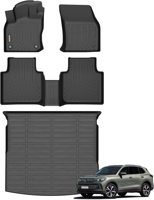 Binmotor-All Weather Car Floor Mats & Cargo Liner Set for Volkswagen Tiguan 2018-2024, 5 Passenger，1st & 2nd Row & Rear Cargo Mat TPE Rubber Liners for VW Tiguan Accessories