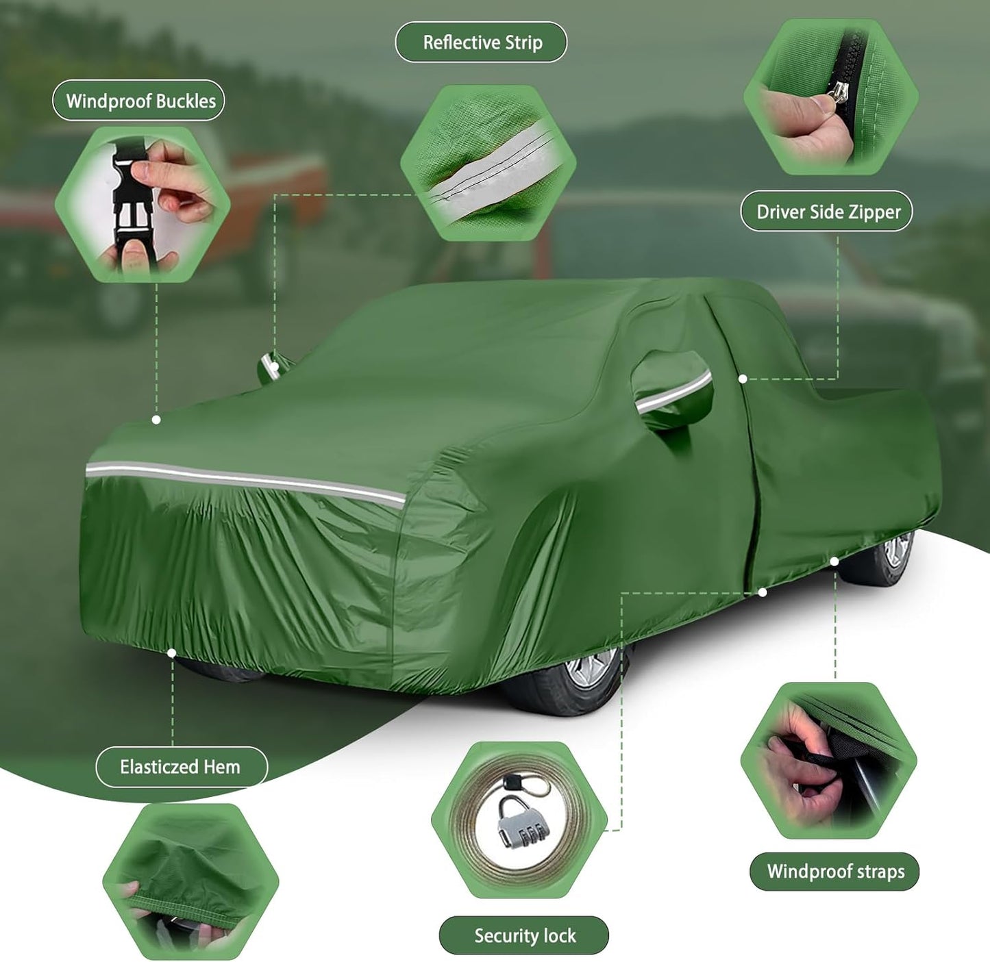 BOSSTONE Car Cover Custom Fit for Toyota Tundra Truck 1999-2021 Double Cab, Waterproof All Weather for Automobiles Full Exterior Cover Rain Sun Snow Protector with Door Zipper (Green)