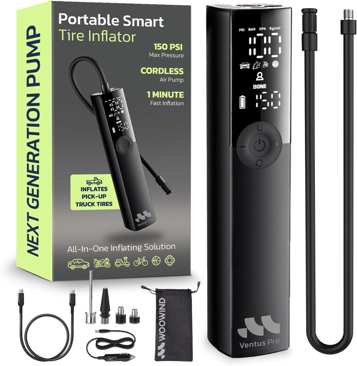 Tire Inflator Portable Air Compressor for Car, Bike, Motorcycle, SUV, Offroad & Truck - Fast Car Pump, 150 PSI, Cordless 12V DC, LED Display Emergency Light Woowind (Ventus pro)