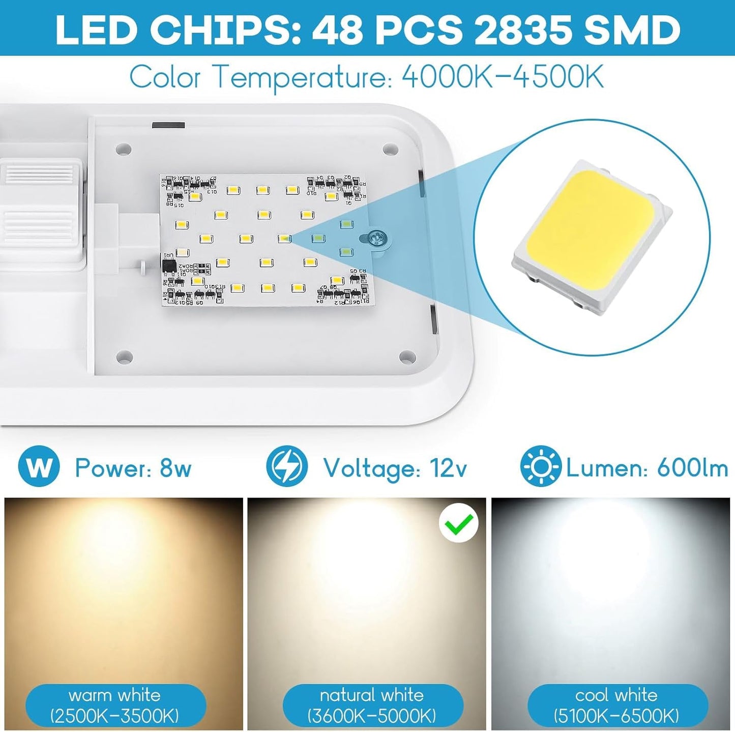 8 Pack RV Lights Interior 12V Led 8W Ceiling Double Dome Light 600 Lumen Brightness Lights Fixtures for RV Camper Trailer Boat Car, Natural White 4000-4500K, 48 X 2835 SMD LED
