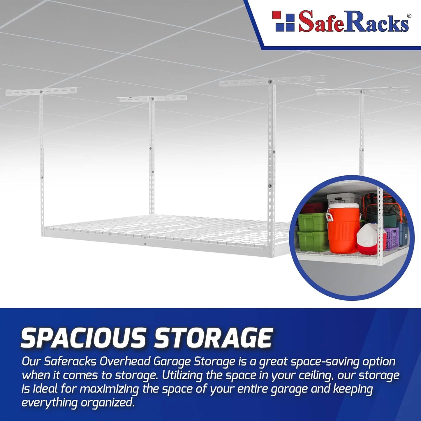 SafeRacks 4x6 Overhead Garage Storage Rack - Height Adjustable Steel Overhead Storage Rack - 500 Pound Weight Capacity (White, 18"-33")
