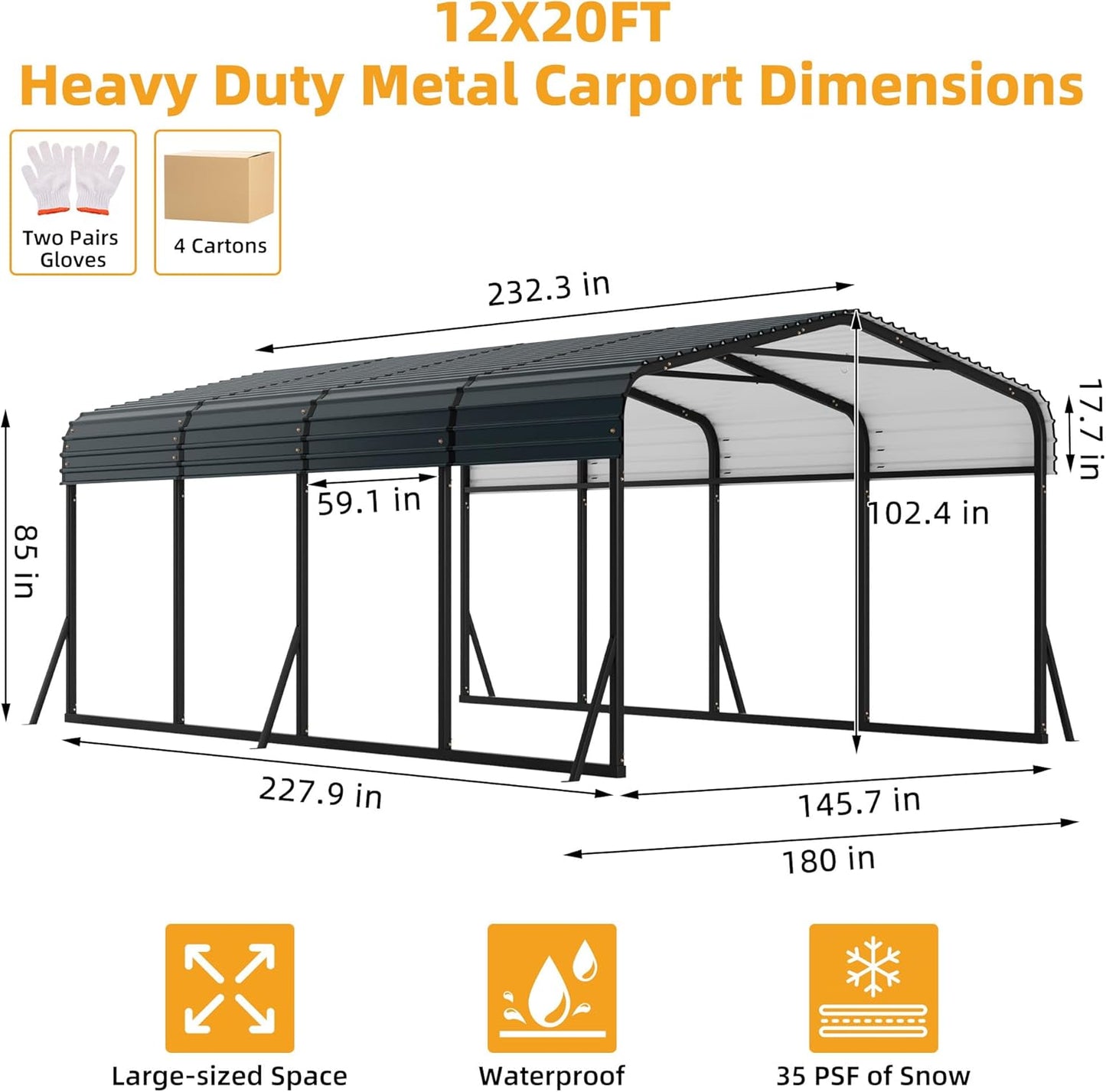 12 x 20 FT Metal Carport with Galvanized Steel Roof, Heavy Duty Metal Roof Carport with Enhanced Base, Tall Kits Garage for Tractors, Trucks, Boats, Cars