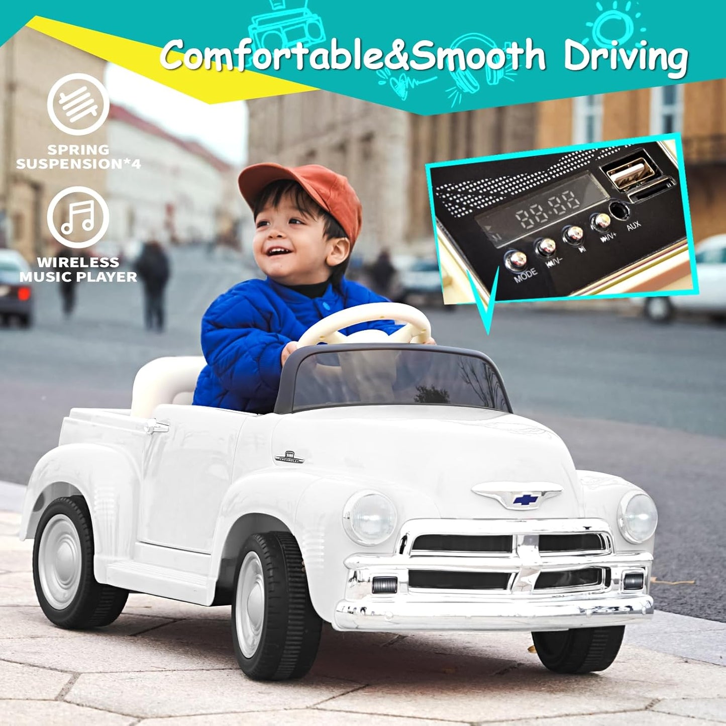 Joywhale 12V Kids Ride on Car Licensed Chevrolet 3100 Pickup Battery Powered Motorized Electric Car, with 7AH Big Battery, 2.4G Remote Control, 3-Speeds, Storage Space, Music, Retro Style, White