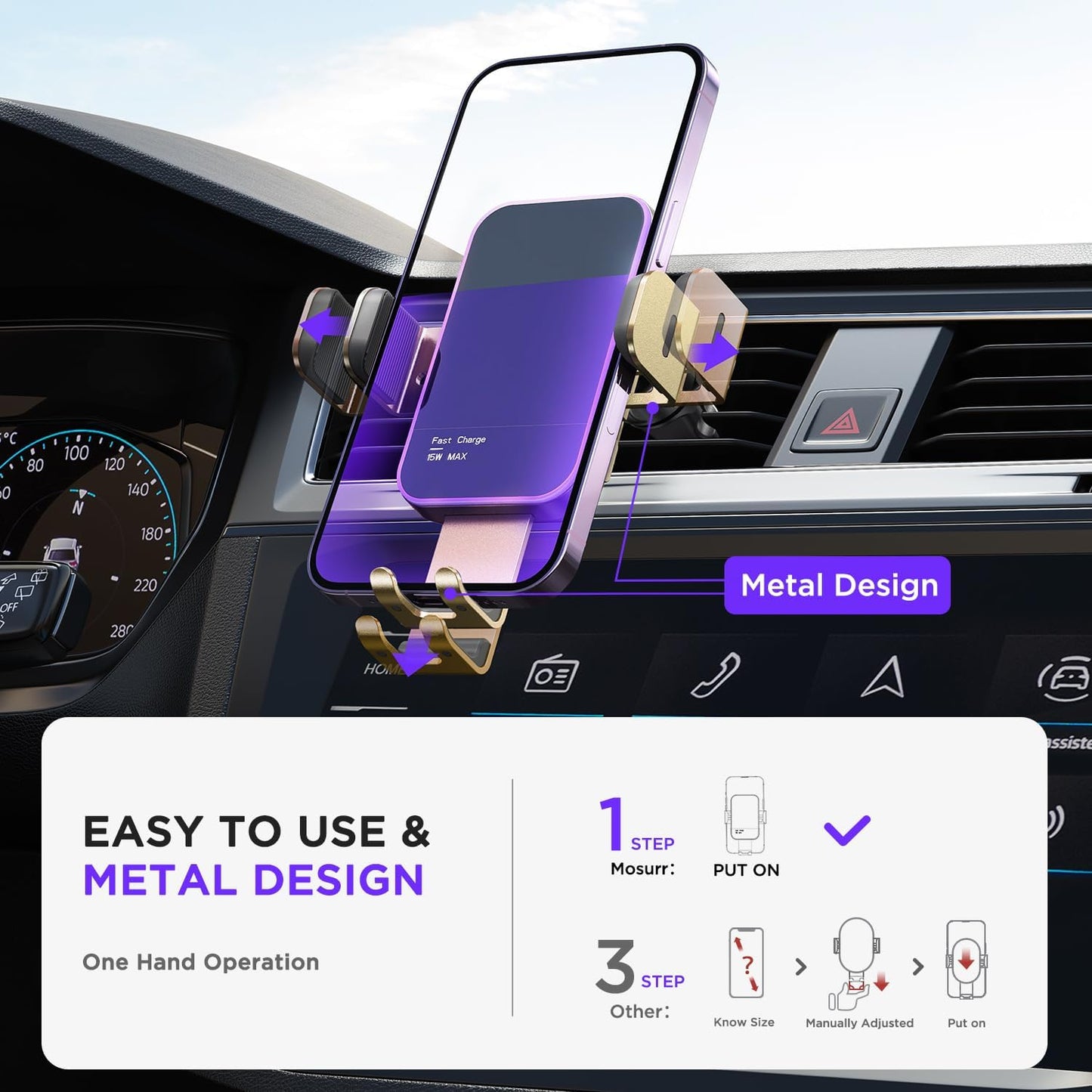 Wireless Car Charger,【7 Colored RGB Backlit】 15W Auto Clamping Phone Holders for Your Car for iPhone 16 15 14 13 12 Mini Pro Max 11 XR XS X, Samsung Galaxy S24 Ultra S23 S22 S21+ Note 20, etc - Gold