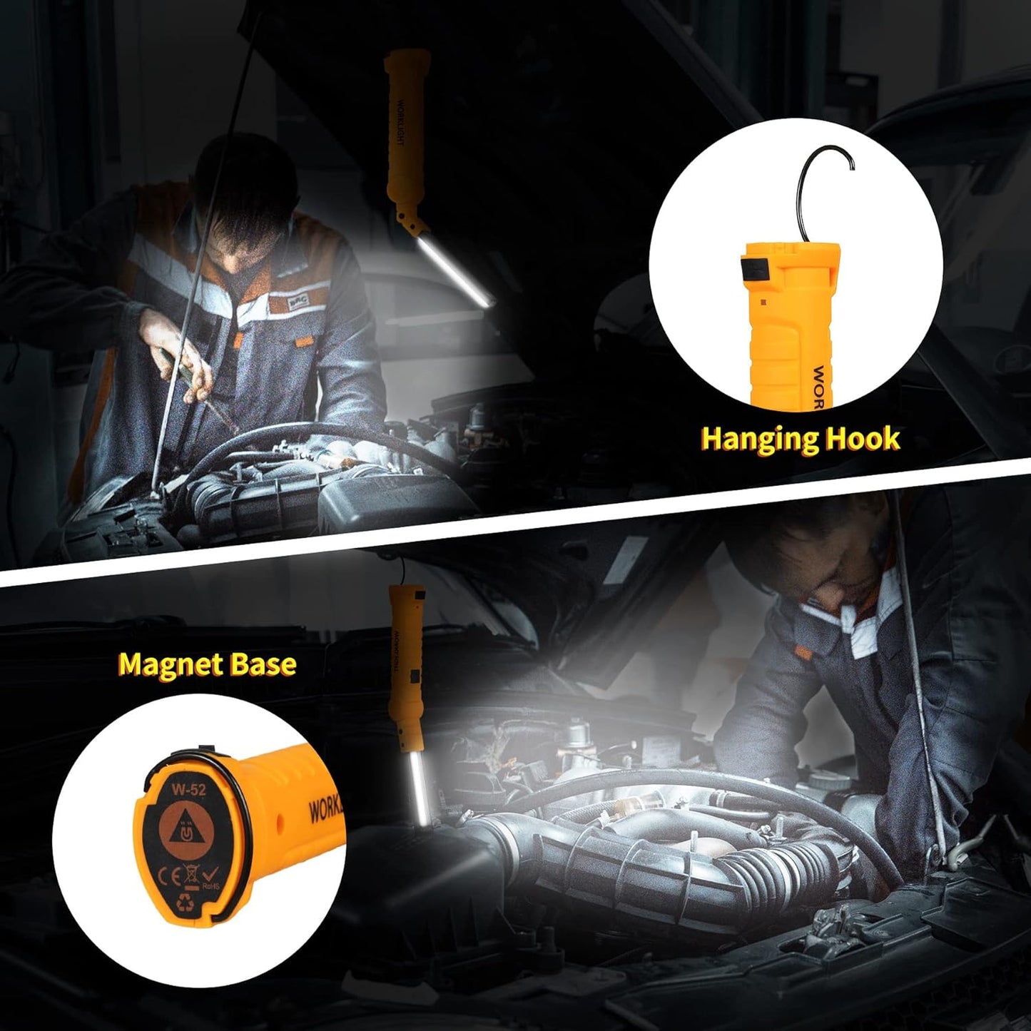 LED Worklight Flashlight, Suranew COB Rechargeable Work Lights with Magnetic Base 360 Degree Rotate and 5 Modes Portable Flood Light Inspection Construction Light for Car Repair (Yellow, 2 Pack)