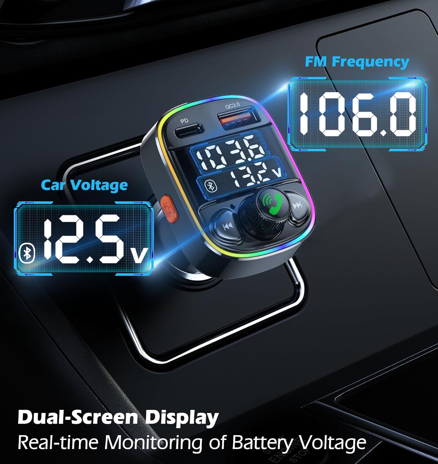 LIHAN AUX USB C Bluetooth Car Adapter, Wireless Handsfree Call, FM Transmitter Radio Receiver, QC3.0 & Type-C Car Charger, 7 Color Backlit with 2 LED Displays, TF Card & Music Stereo Player