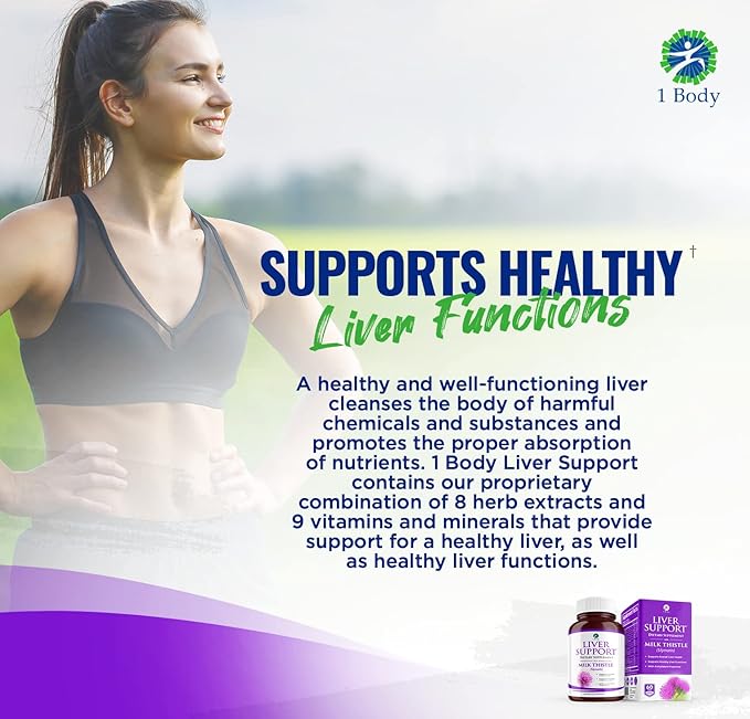 1 Body Liver Support Supplement – Milk Thistle, Dandelion Root & Artichoke for Liver Cleanse & Function, Natural Liver Health Formula, Non-GMO, Vegan 60 Capsules