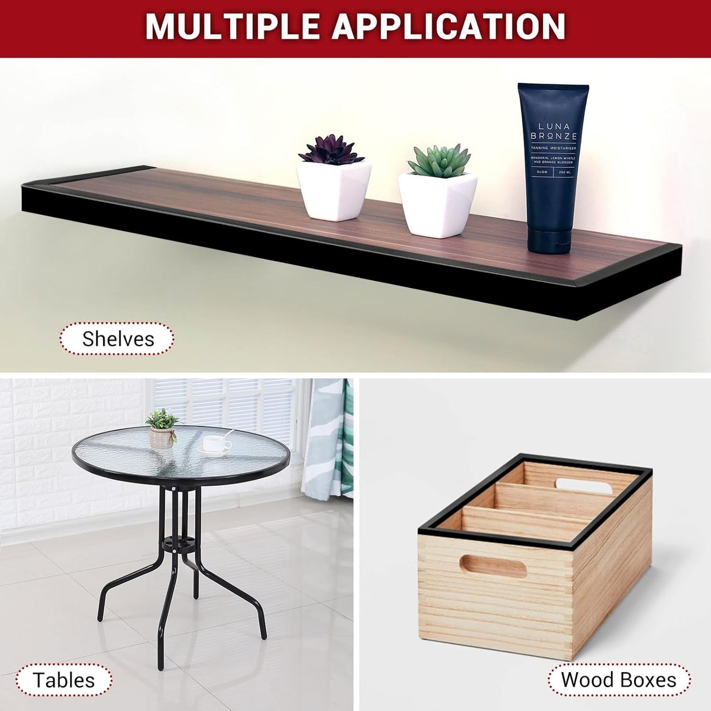 Rubber Edge Trim, 1/2" Self Adhesive Flexible U Channel Edge Protecter for Plywood, Tables, Desks, Cabinets, Counter Top, Wide U Shaped Edge Trim, Edge Banding, Black Color, 20Ft