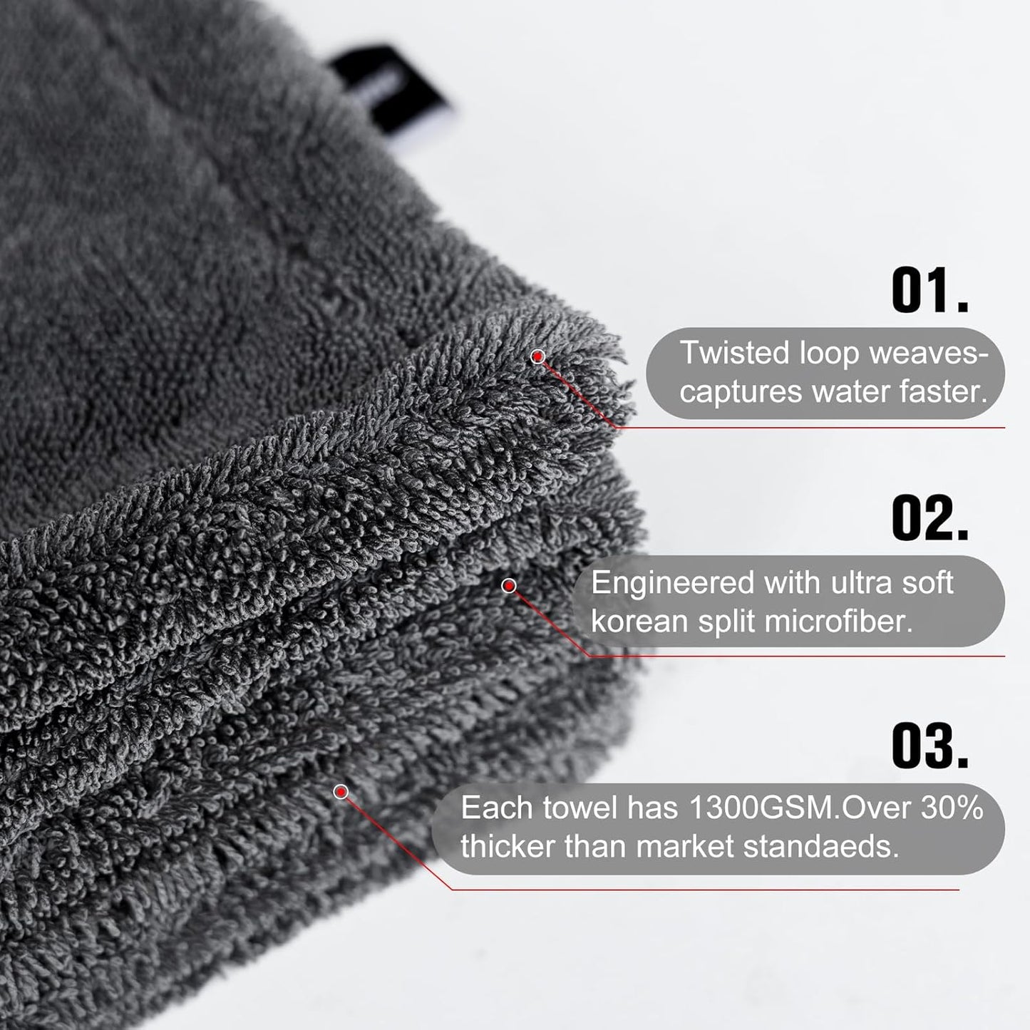 2 Pack XL Car Drying Towel – 1300GSM Ultra Absorbent Microfiber, 24"x36" Large Size, Twisted Loop, Lint-Free & Streak-Free for Auto Detailing, Car, SUV, Truck (Gray-Gray)