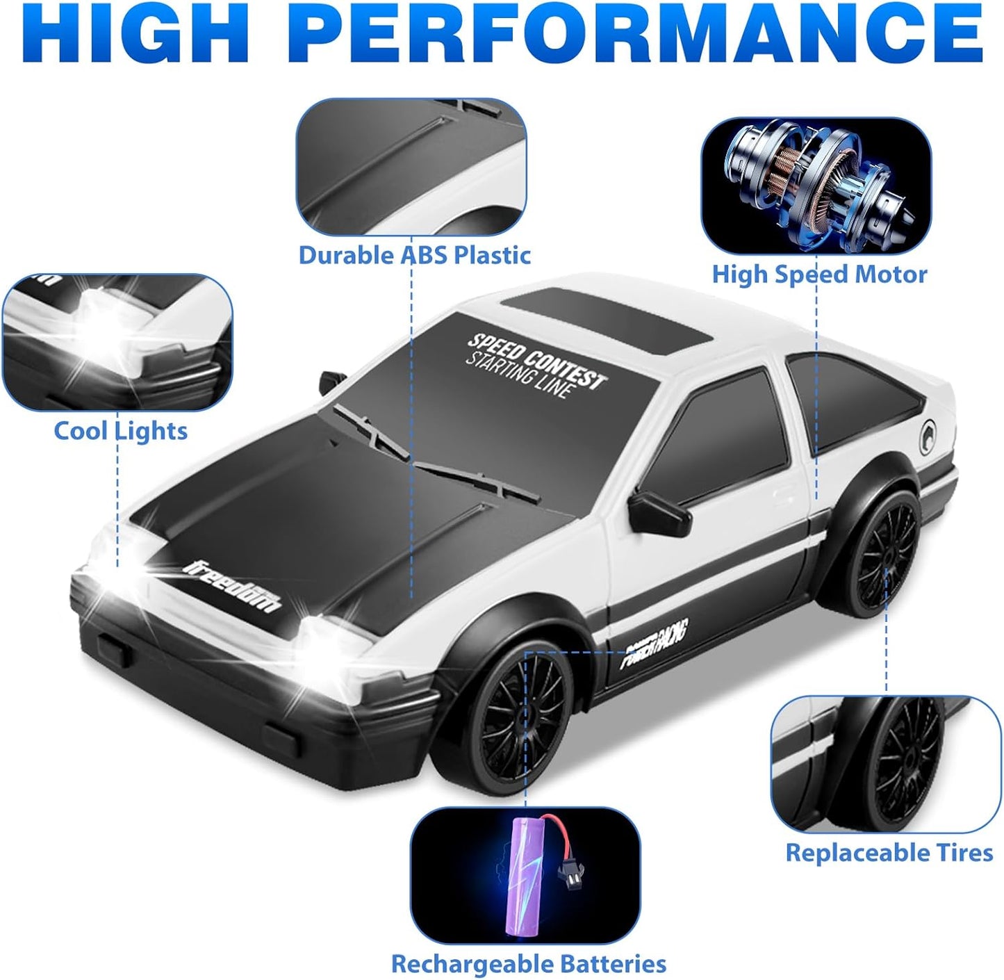 RC Drift Car 1/24 2.4GHz Remote Control Cars, 4WD High Speed Drift RC Cars with Cool LED Lights, Extra Drifting Tires Racing Toys Car for Kids Boys Girls Adults (White)