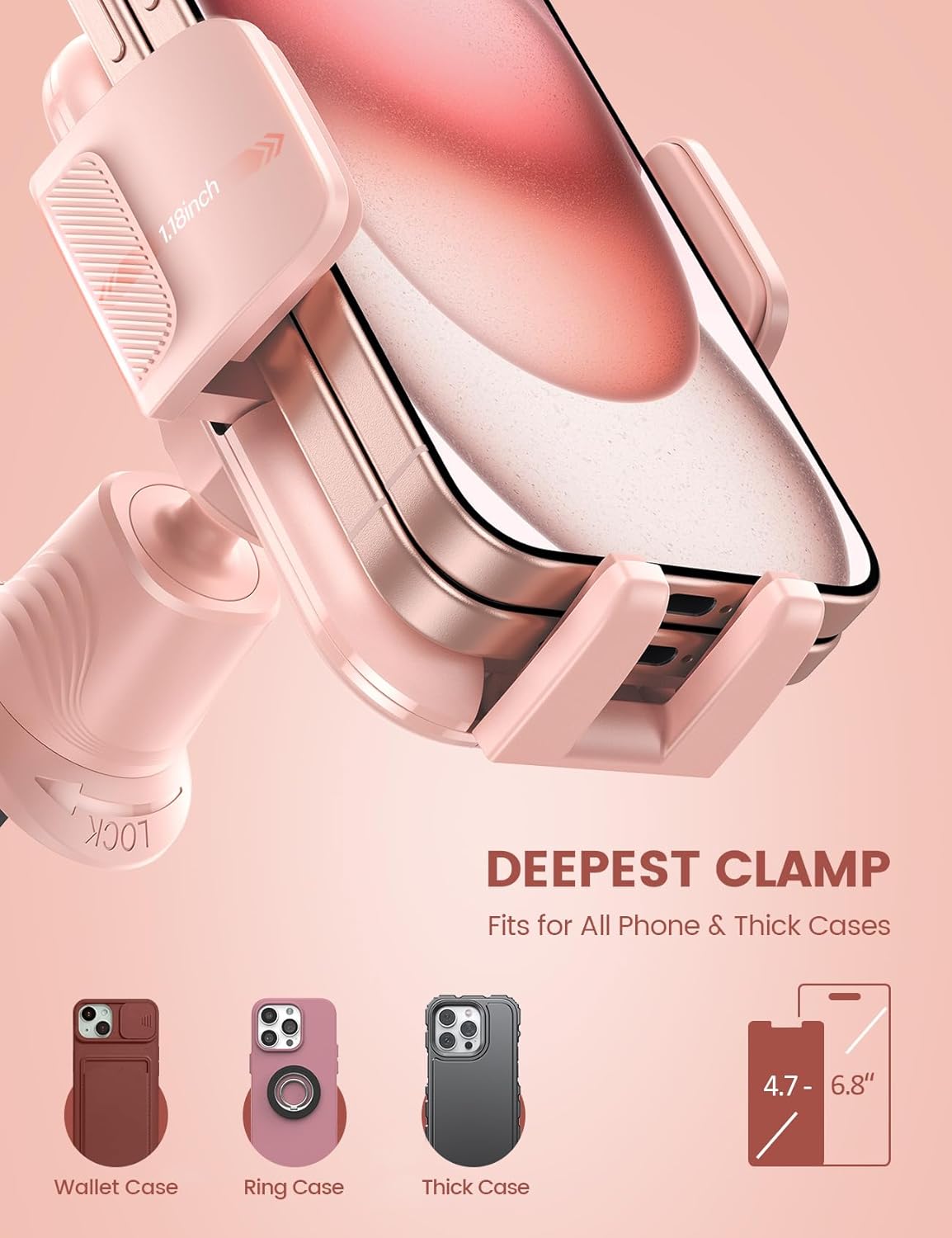 Lamicall 2025 Wider Clamp & Metal Hook Car Phone Holder Vent [Thick Cases Friendly] Phone Holders for Your Car Mount Automobile Hands Free Cradle Air Vent Pink