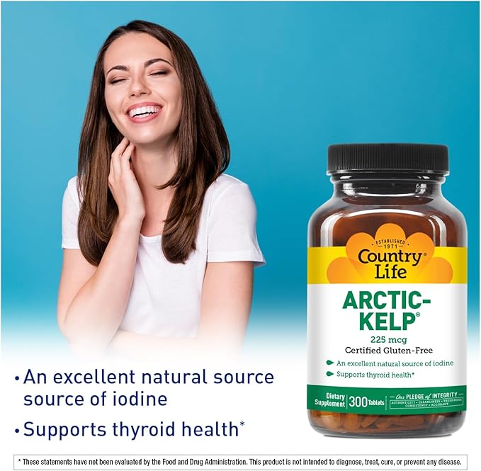 Country Life Arctic-Kelp – Natural Iodine Supplement for Thyroid and Immune Support – Vegan, Gluten-Free, 225 mcg – Ideal for Thyroid Health, Hypothyroidism, and Adrenal Support, 300 Tablets