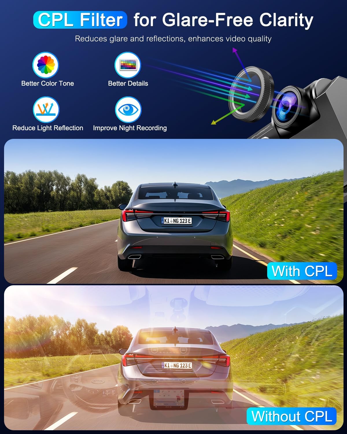 Dash Cam Front 4K Built-in 5GHz WiFi with CPL, Dash Camera for Cars with 64GB SD Card, App Control, 3.69" IPS Screen Dashcam with UHD 2160P, Night Vision, Loop Recording, Parking Mode, 170°Wide Angle