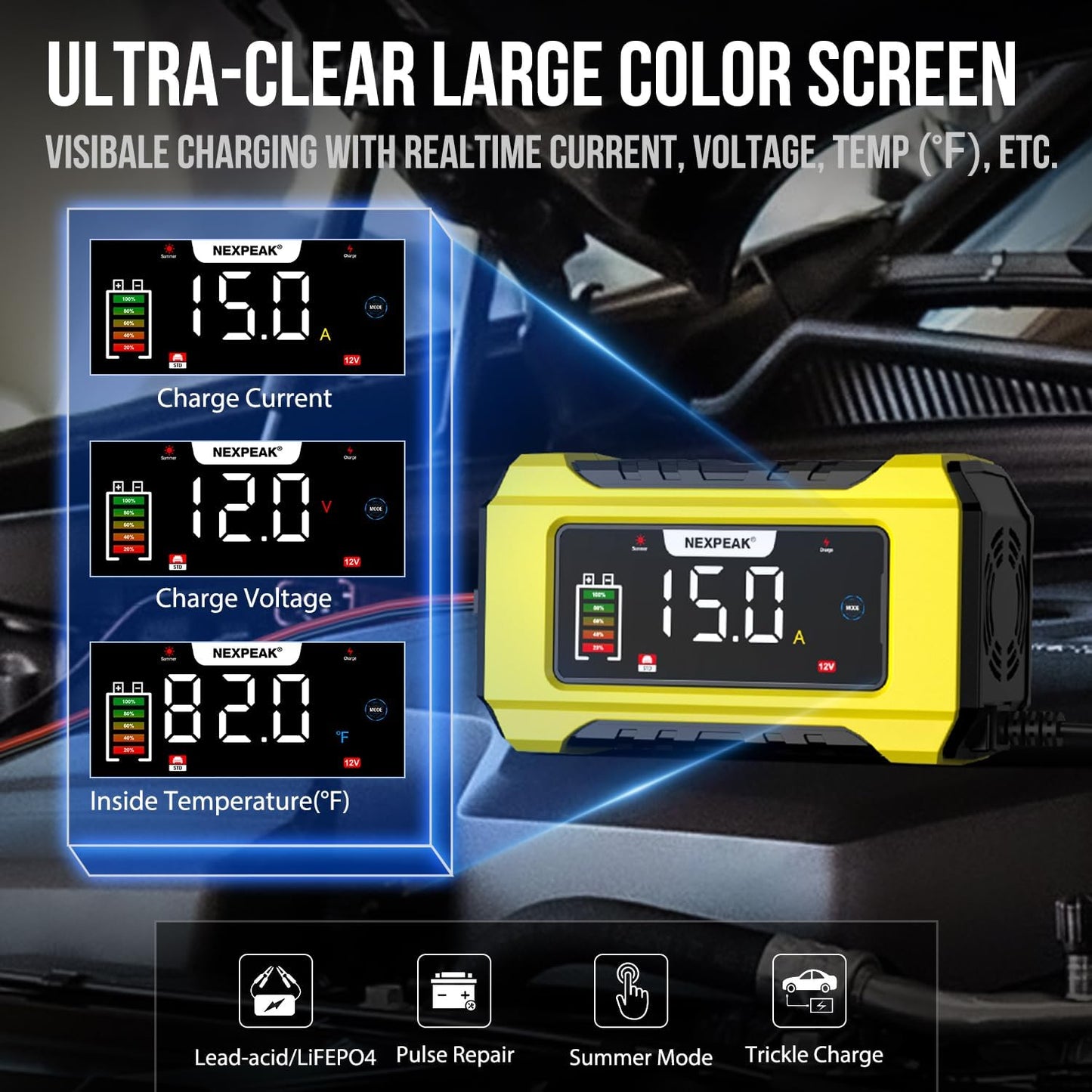 NEXPEAK NC215 15-Amp Battery Charger, Trickle Charger Car Battery Charger 12V 24V LiFePO4 Lead Acid Portable 9-Stage Smart Battery Maintainer w/Temp Compensation for Car Truck Lawn Mower Boat Marine