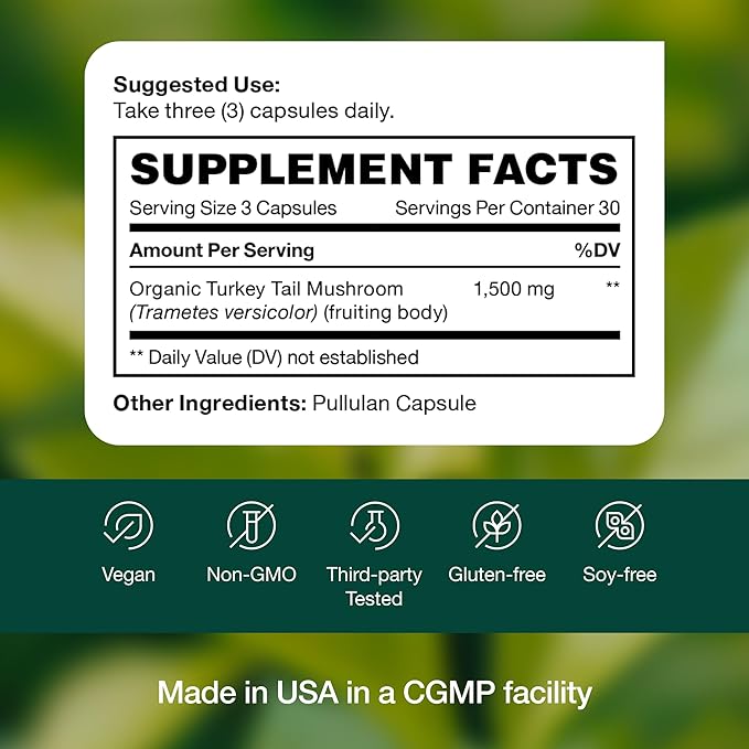 Fresh Nutrition Organic Turkey Tail Mushroom Extract Supplement - High in Beta Glucans – Non-GMO, Vegan Friendly, Gluten-Free - 90 Capsules