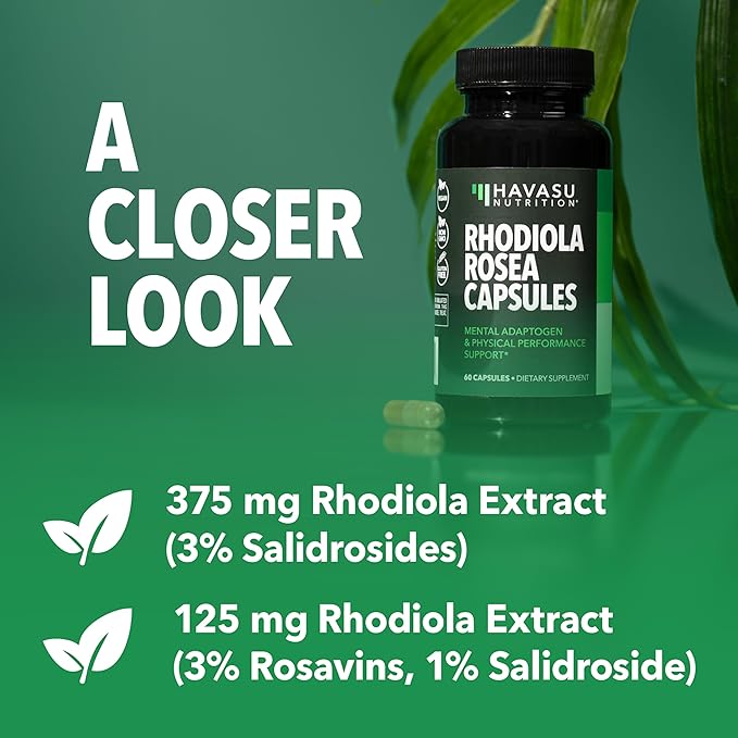 Rhodiola Rosea Supplement - Herbal Adaptogen for Mental and Physical Performance Support (3% Salidrosides, 3% Rosavins Extract) - 60 Count - Vegan, Non-GMO, and Gluten-Free Capsules - 2 Month Supply