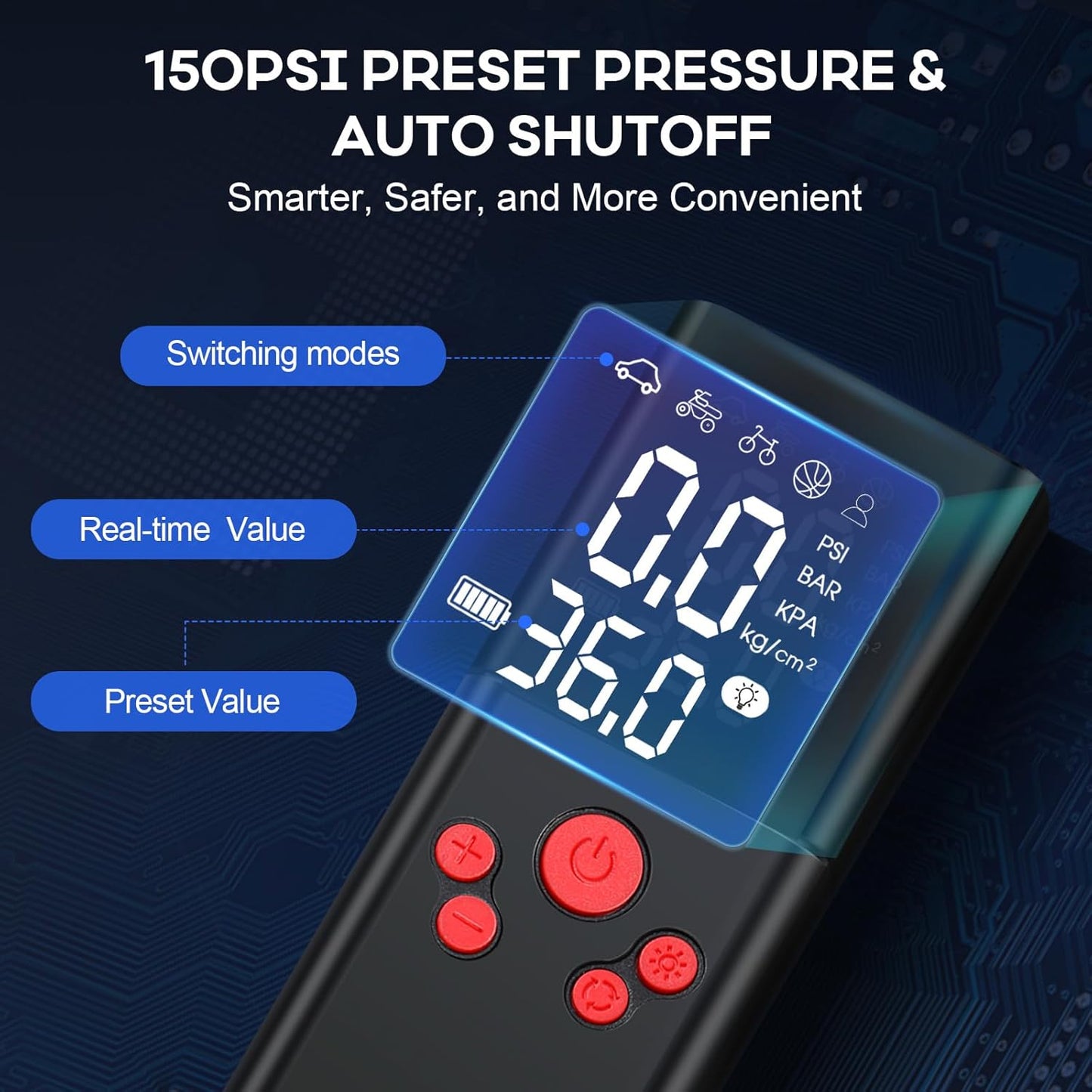 Tire Inflator Portable Air Compressor, 150PSI Cordless Portable Tire Inflator for Car, 3X Fast Smart Air Pump for Car Tires, Bike Pump, Motorcycle, Ball - Digital Pressure Gauge/LED