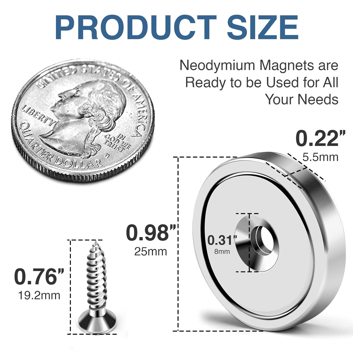 MIKEDE 10 Pack Strong Neodymium Cup Magnets, 70Lbs+ Holding Force Heavy Duty Round Base Cup Magnets with Countersunk Hole, Powerful Industrial Strength Rare Earth Magnet with Screws for Wall Mounting