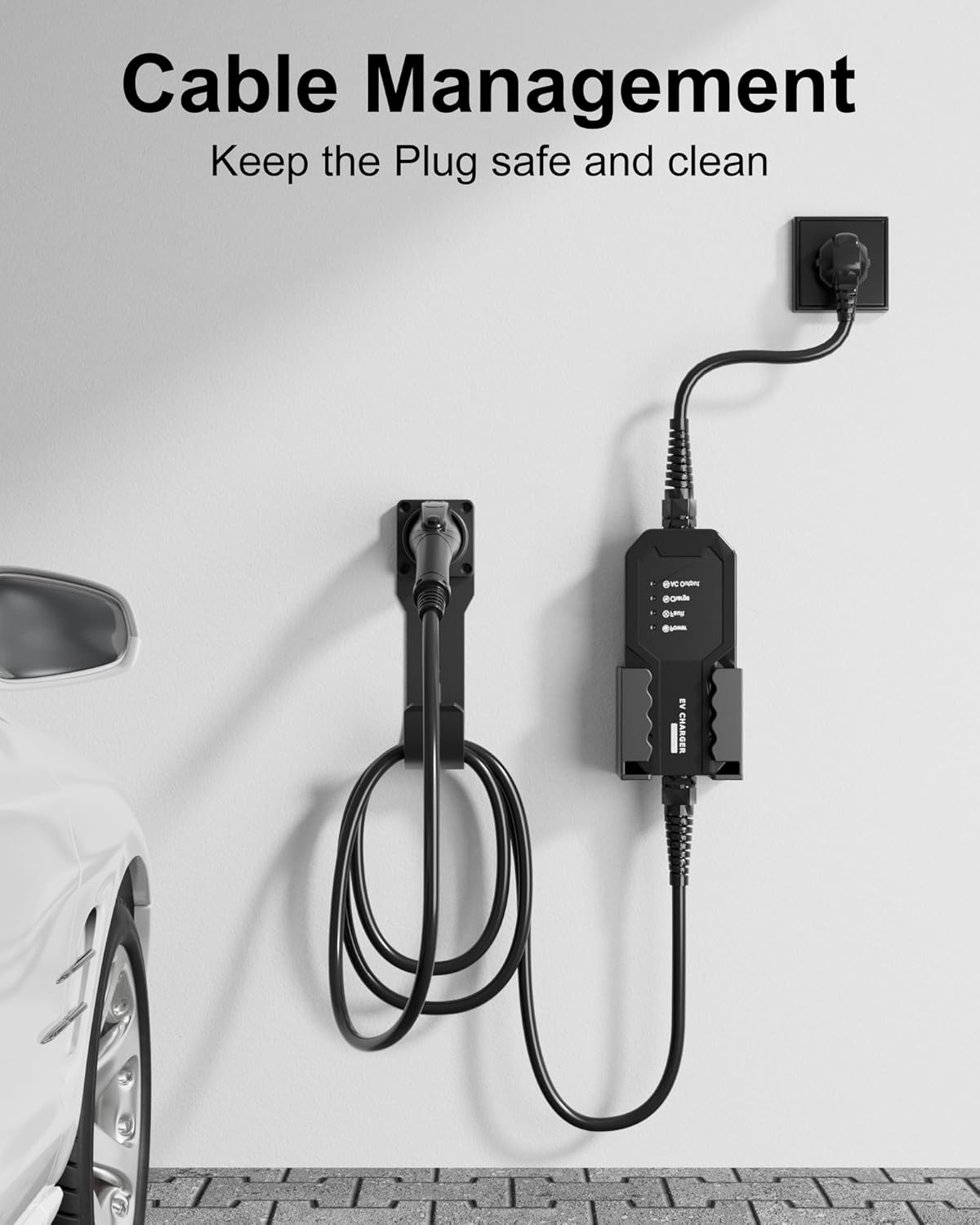 EV Charger Holder Wall Mount Kit, Ev Charging Cable Holder, EV Cable Box Organizer&J-Hook Electric Car Plug Nozzle Holster for SAE J1772 Connector(Indoor/Outdoor Use)