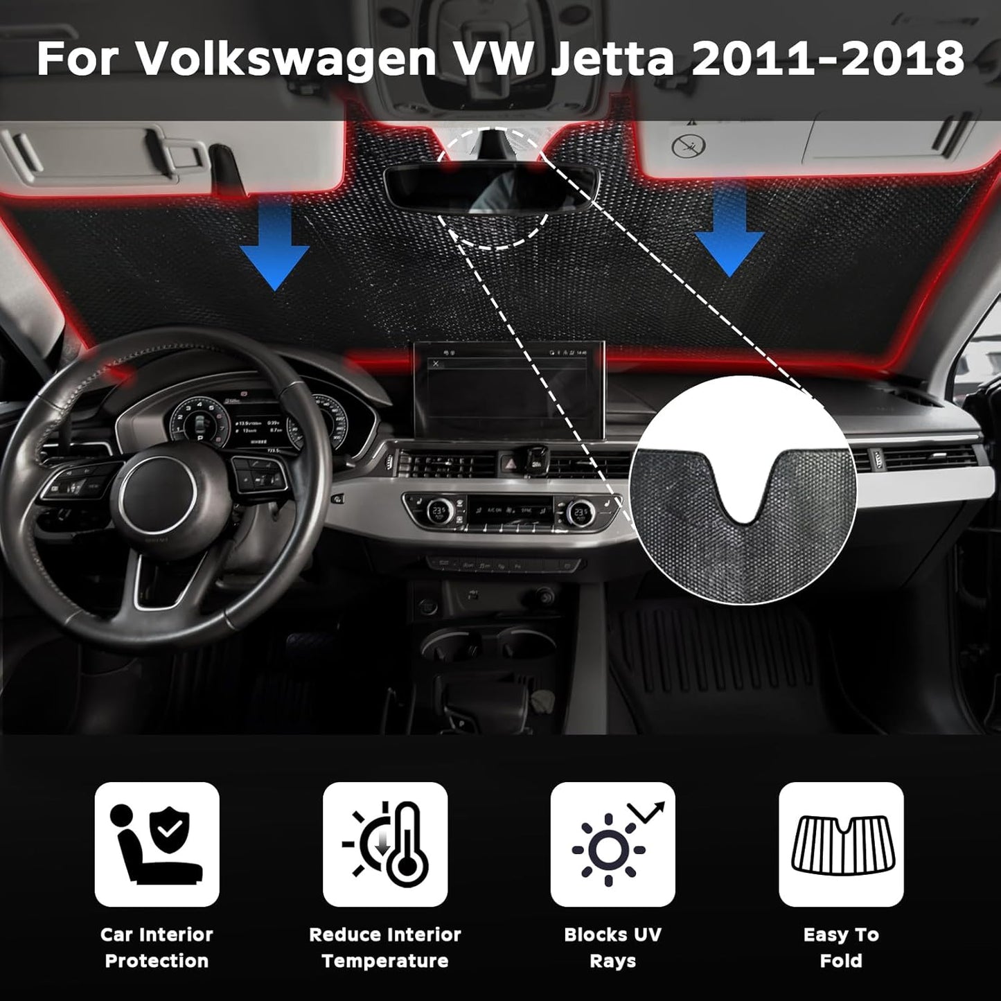 Windshield Sun Shade for Volkswagen VW Jetta 2011-2018 - 5-Layer Bubble Foldable Front Window Shade Sun Visor Accessories - Blocks Heat & UV Rays