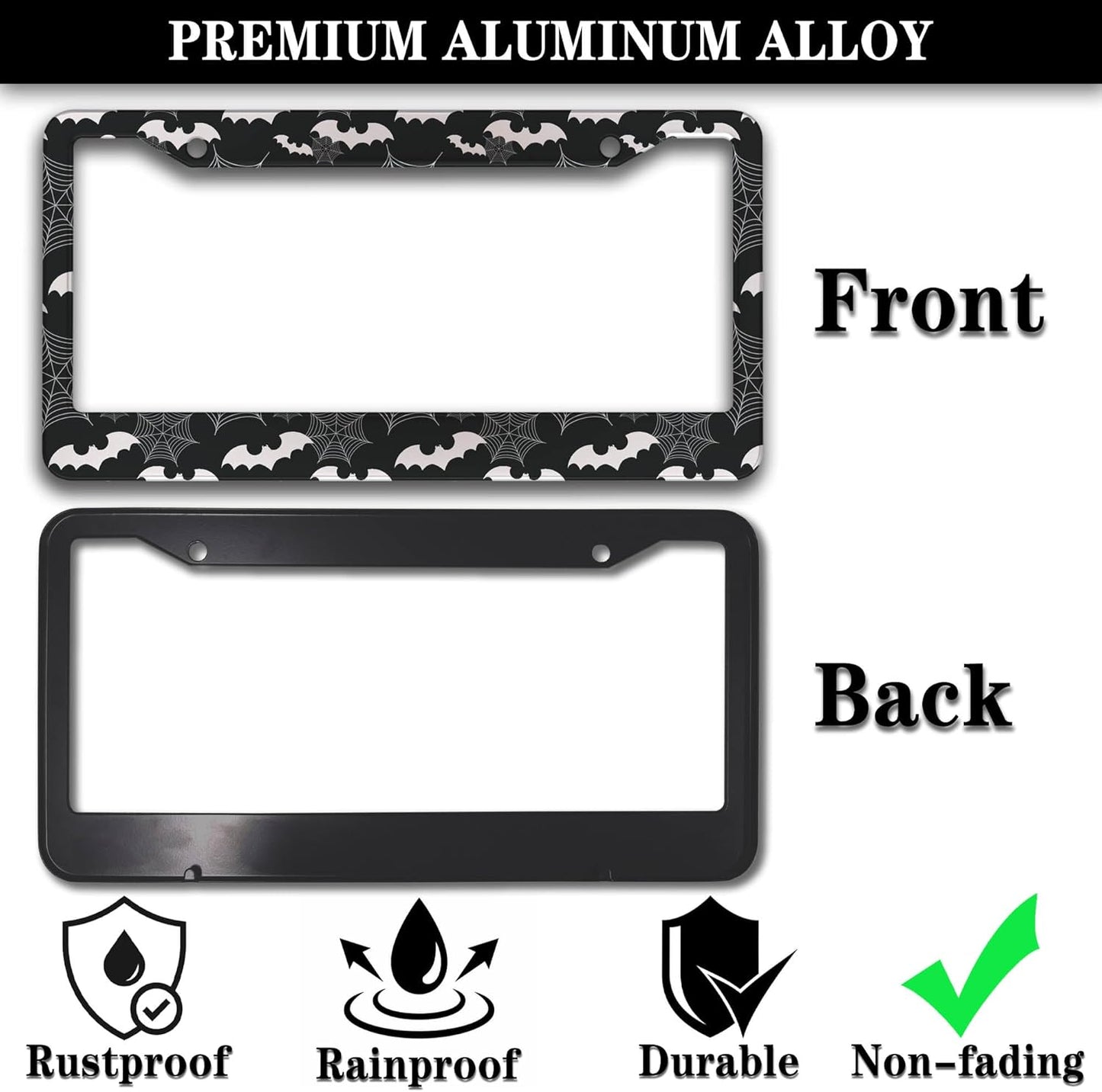 License Plate Frame Black and White License Plate Holder Spider Web Bat Universal Aluminum Car Accessory 2 Pack with Screw Covers Set