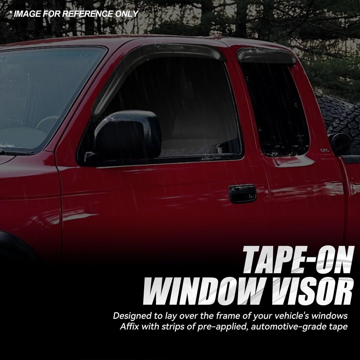 Auto Dynasty 4Pcs Carbon Fiber Pattern Window Visors Compatible with 1995-2004 Toyota Tacoma Extended Cab, Tape-On Front & Rear Window Deflectors Rain Guards Sun Wind Air Side Vent Shade, Glossy Black