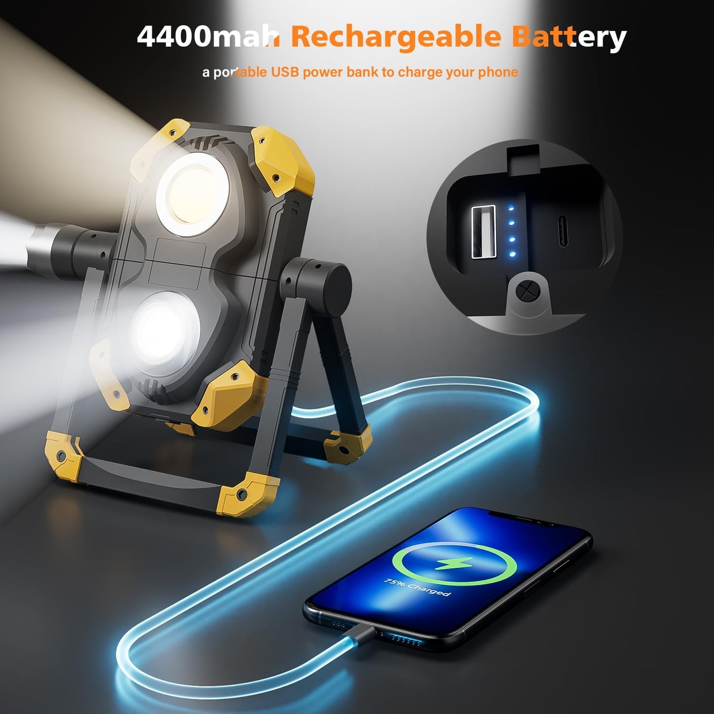 Samyoung 2 Pack Magnetic 2500 LM LED Work Light, 10 Hours Long Lasting 360°Rotating 7000K Warm Rechargeable Work Light Folding Waterproof for Job Site Car Inspection Camping Emergency