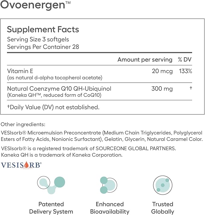 OvoEnergen Ubiquinol CoQ10 100mg Softgels, CoQ10 Supplement for Women to Support Reproductive Health and Egg Health, Fertility Booster with Kaneka QH, VESIsorb® Technology (84 Softgels, 28 Day Supply)