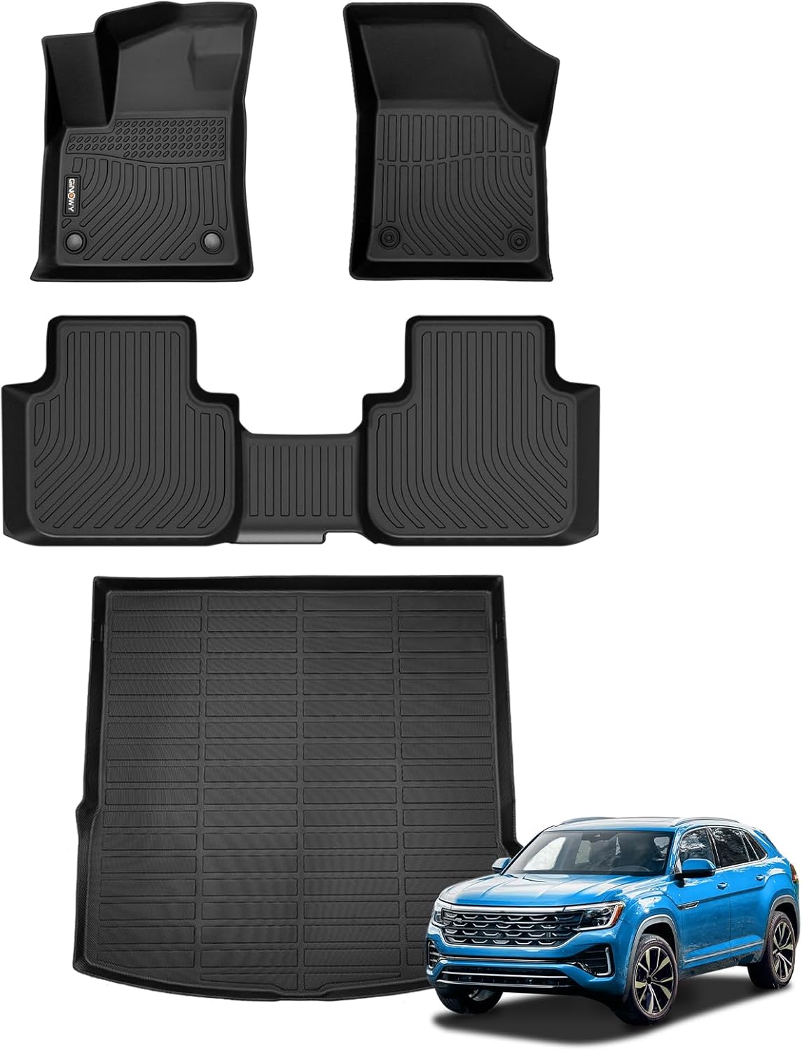 GINOWY-Floor Mats & Cargo Liner Set for Volkswagen Atlas Cross Sport 2020-2025, 5 Passenger, TPE All Weather Car Mats Floor Liners for VW Atlas Cross Sport Cargo Trunk Mat Accessories Mats
