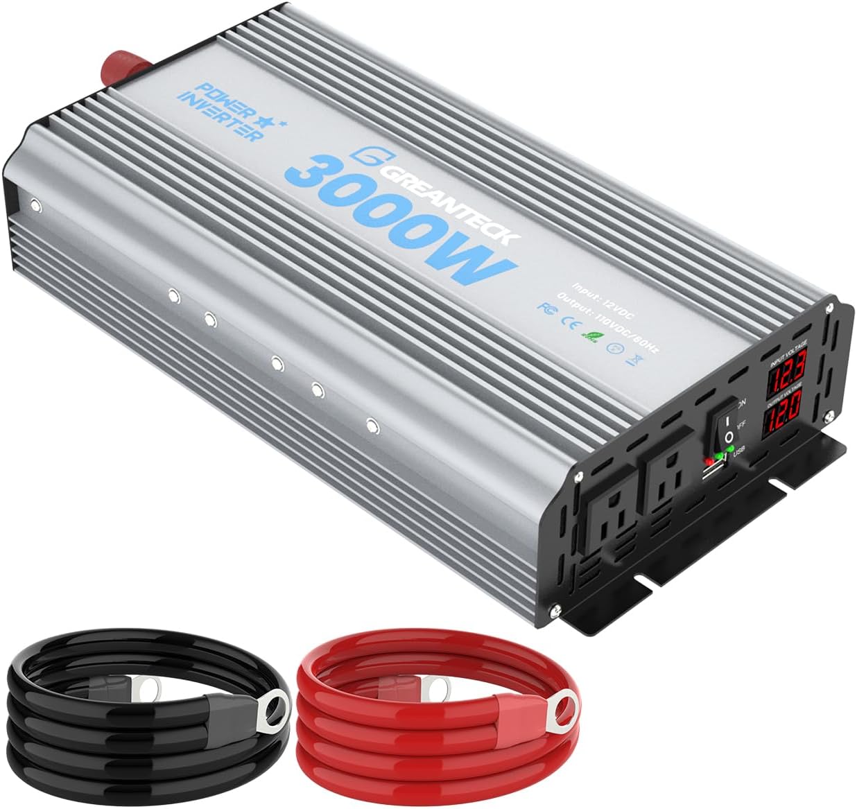 Power Inverter 3000 Watt, DC 12V to AC 110V 120V Converter Car Modified Sine Wave Power Inverter with Dual Sockets, USB Port, LED Display for RV Truck Boat Solar Car Emergency Off Grid