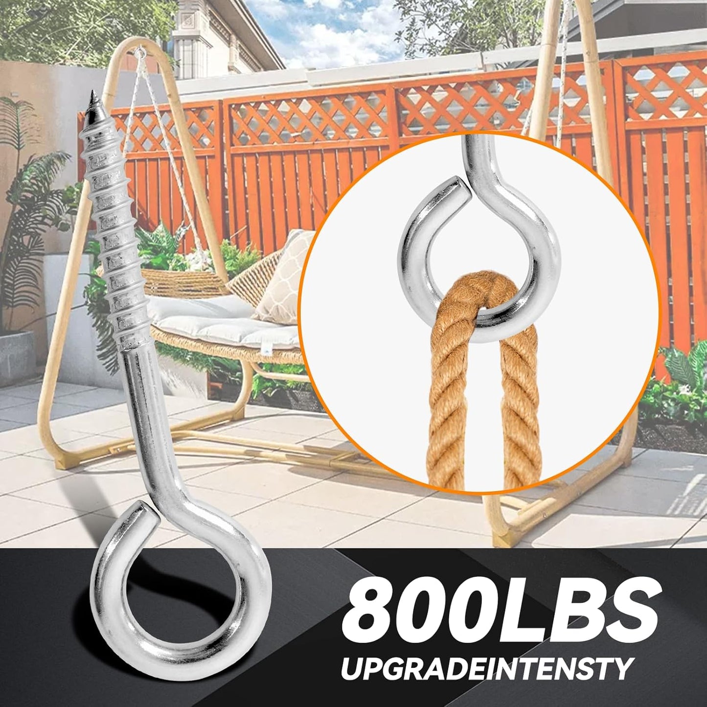 8Pcs 6 Inch Heavy Duty Screw Eyes Hooks, 304 Stainless Steel Self Tapping Eyelet Screw Eye Bolts,800LBS Breaking Strength, Screw in Eye Hooks for Wood Securing Cables Wire. (8, M10-6 Inch)