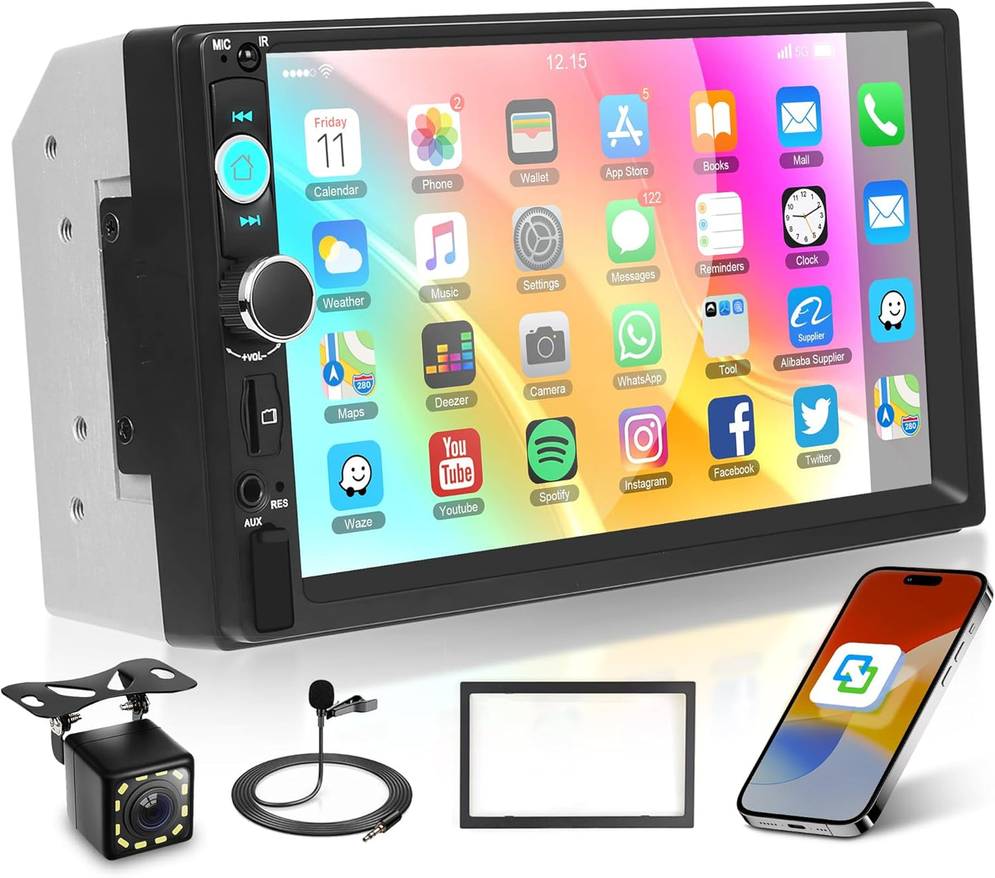 Double Din Car Radio with Bluetooth iOS/Android Mirror Link, 7 Inch Touch Screen Car Stereo 2 Din with Backup Camera Bluetooth Hands-Free FM Radio USB EQ AUX TF Steering Wheel Control