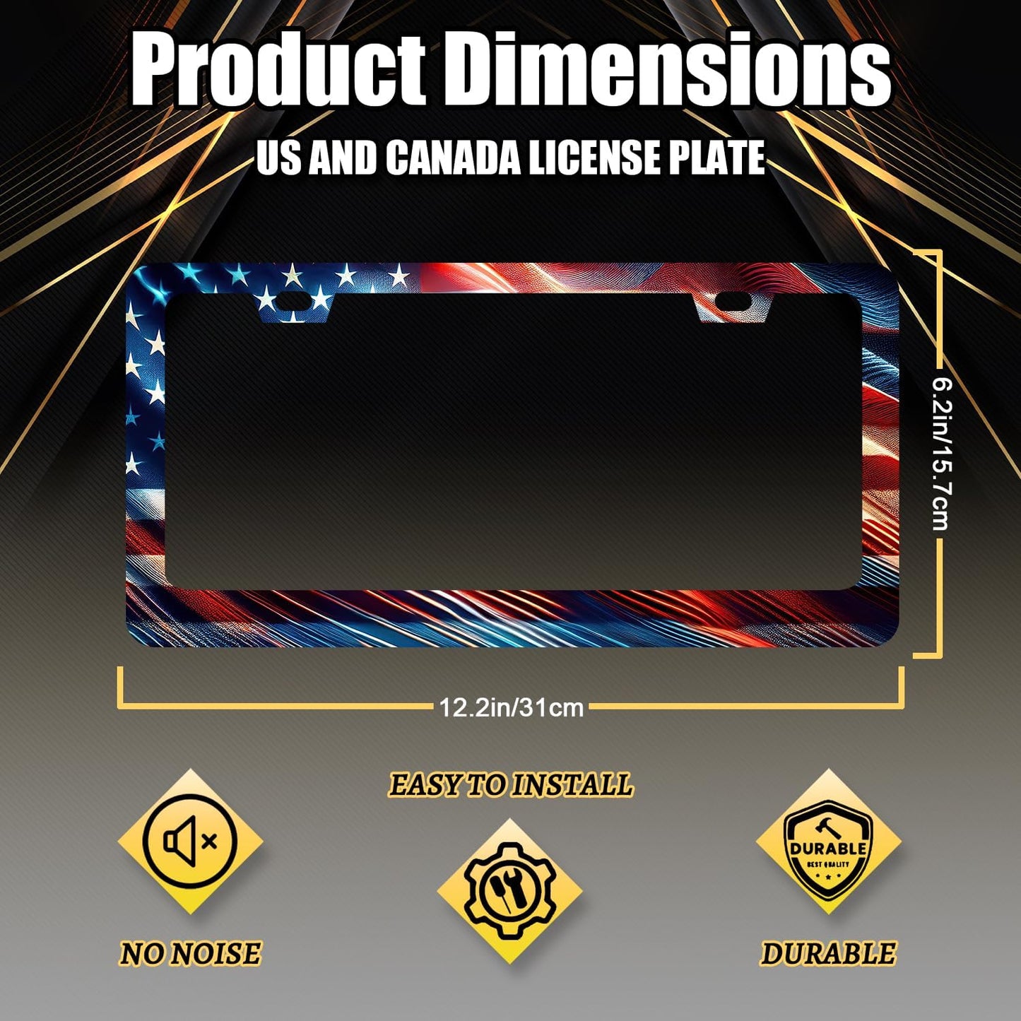 Patriotic American Flag License Plate Frame USA License Plate Stainless Steel Funny Accessories Cars Decor 12.2 X 6.2 Inch with 2 Holes and Screws Fits Standard Us Ca Vehicles