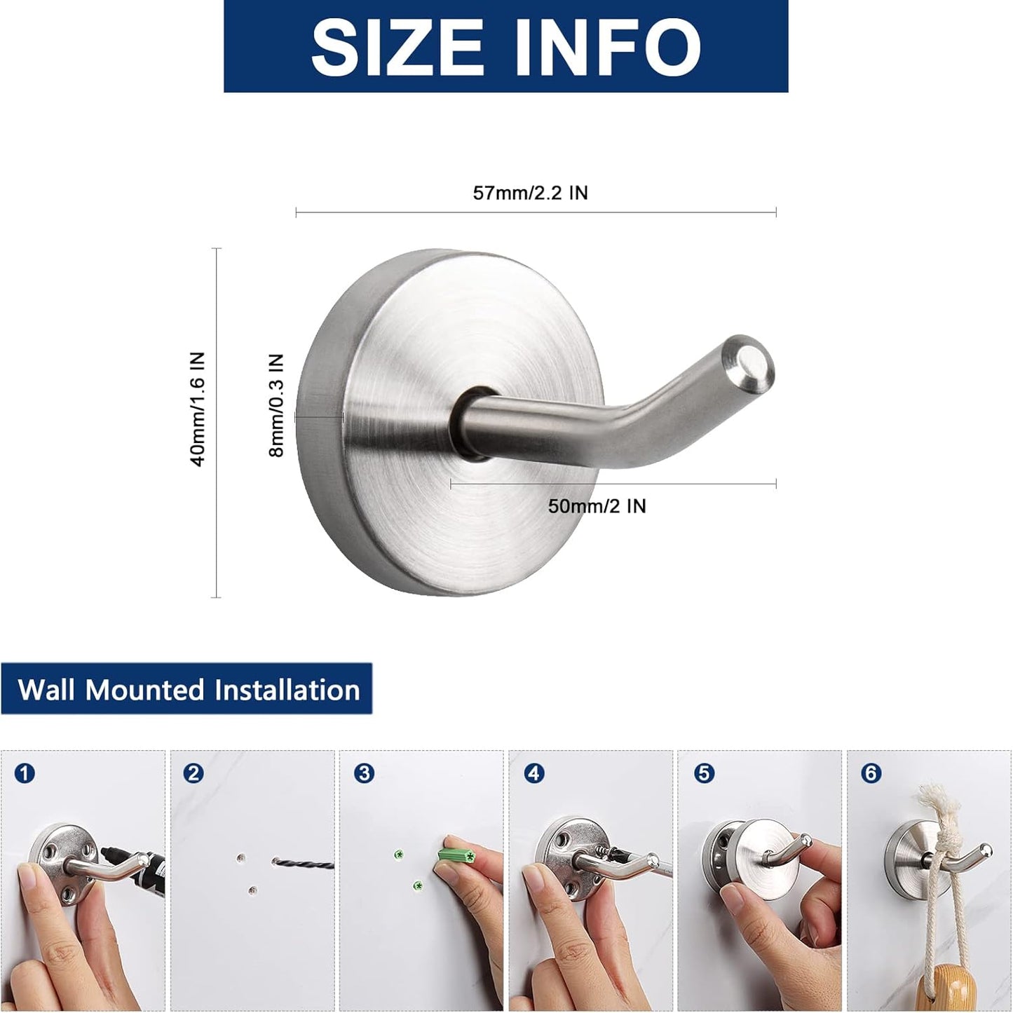 NearMoon Coat Hooks, Wall Hooks for Hanging Hat Hurse Robe, 304 Stainless Steel Heavy Duty Towel Hangers for Bathroom Livingroom Hotel Kitchen Garage, 6 Pack (2 Inch, Brushed Nickel)