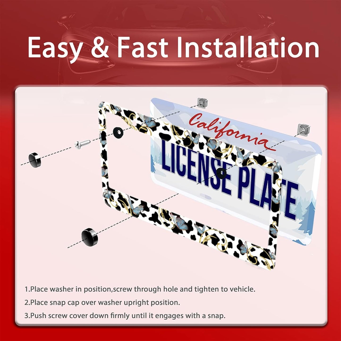 Personalise Cows and Butterfly License Plate Frames Cute Leopard License Plate Frame Car Universal Stainless Steel Accessories Cars Decor 2 Holes Screws Fits Standard US Vehicles Size 12.2 x 6 Inches