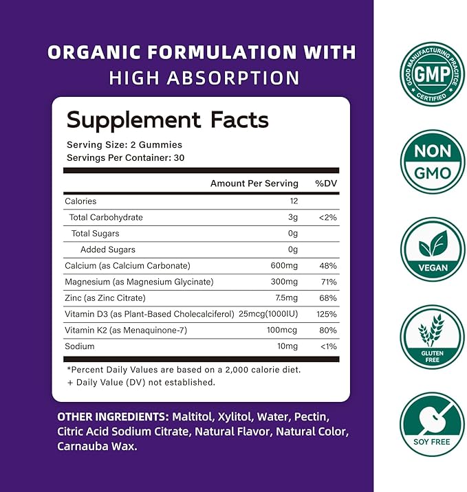 Calcium Magnesium Zinc Gummies with Vitamin D3 & K2 - High Potency Enhanced Absorption -60 Blueberry Gummies Flavored