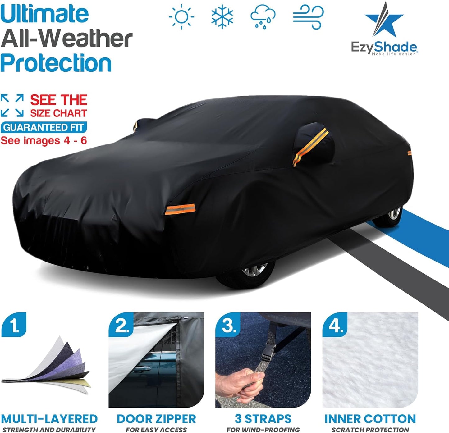 EzyShade 10-Layer Car Cover Waterproof All Weather. See Vehicle Size-Chart for Accurate Fit. Outdoor Full Exterior Covers for Automobiles Sedan Hatch. Rain Sun Snow. Black, Size A6 (See SizeChart)
