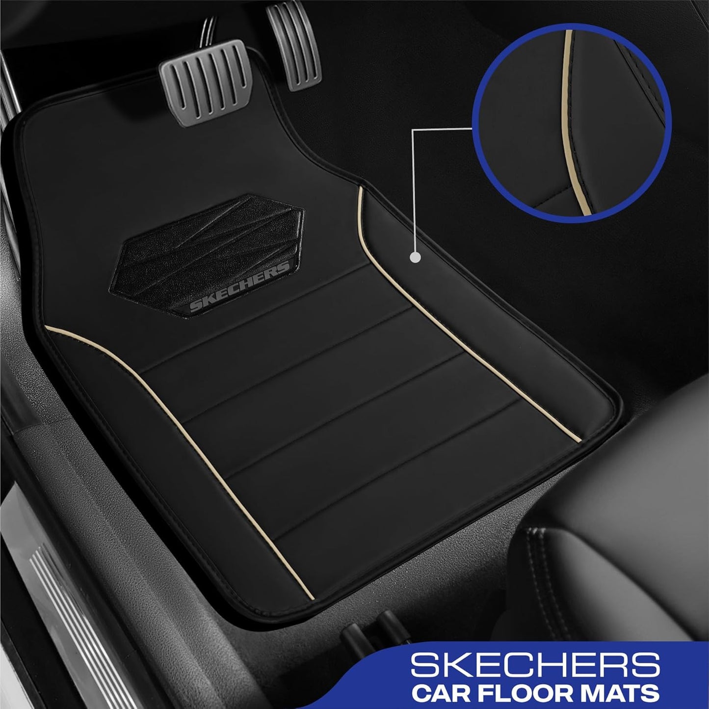 Skechers Memory Foam Car Mats, Leather Piping with Anti-Slip Pad, Universal Waterproof Fit Automotive Floor Mats for SUV, Vans, Sedans, Trucks, Full Set 4pcs Beige