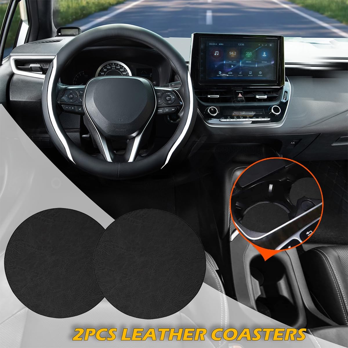 Steering Wheel Cover Black White, Carbon Fiber Car Steering Wheel Covers with Coasters Universal 14.5-15 inch Leather Microfiber Breathable Anti-Slip Steering Wheel Accessories Set