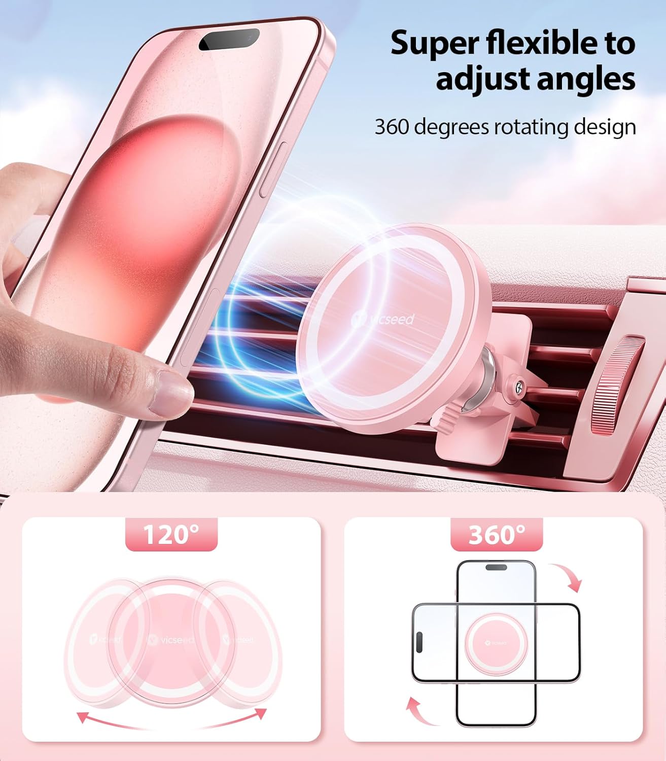 VICSEED for MagSafe Car Mount [Upgraded Strongest Magnet Power] Magnetic Phone Holder for Car Vent 360 Adjustable Magnetic Car Phone Holder Mount for iPhone 15 14 13 12 Pro Max Plus Mini, Pink
