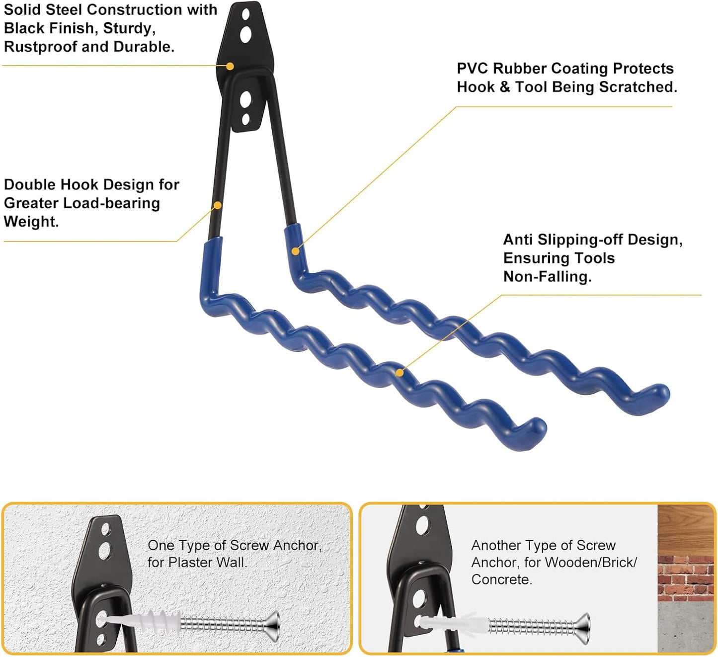 Wall Mounted Garage Hooks Tool Organizer, 10 Inch Garage Storage Hook Heavy Duty Utility Wall Hangers Blue for Ladders, Hose, Garden Tools, Set of 4