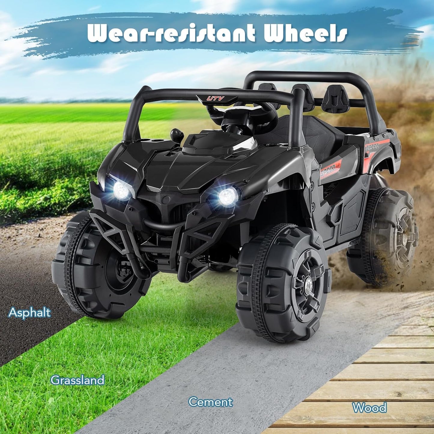 OLAKIDS 12V Ride on Car UTV, Battery Powered Off-Road Kids Electric Vehicles with Remote Control, Music, Horn, MP3, Lights, 3 Speeds, Soft Start, Ride on Truck for Boys Girls (Black)