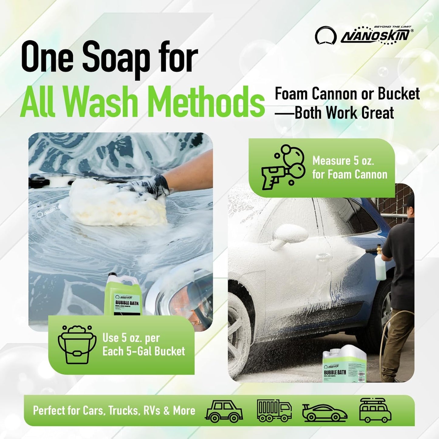 Nanoskin BUBBLE BATH Foaming Car Wash Shampoo 1 Gallon - Works with Foam Cannon, Foam Gun, Bucket Washes, Car Soap for Pressure Washer | For Car, Truck, Motorcycle, RV & More | Green Apple Scented