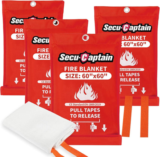 SecuCaptain Emergency Fire Blanket for Home - 60"x60" X-Large 4 Pack Flame Retardant Blankets with Fireproof Tabs for House Camping Kitchen Fire Protection Survival Safety