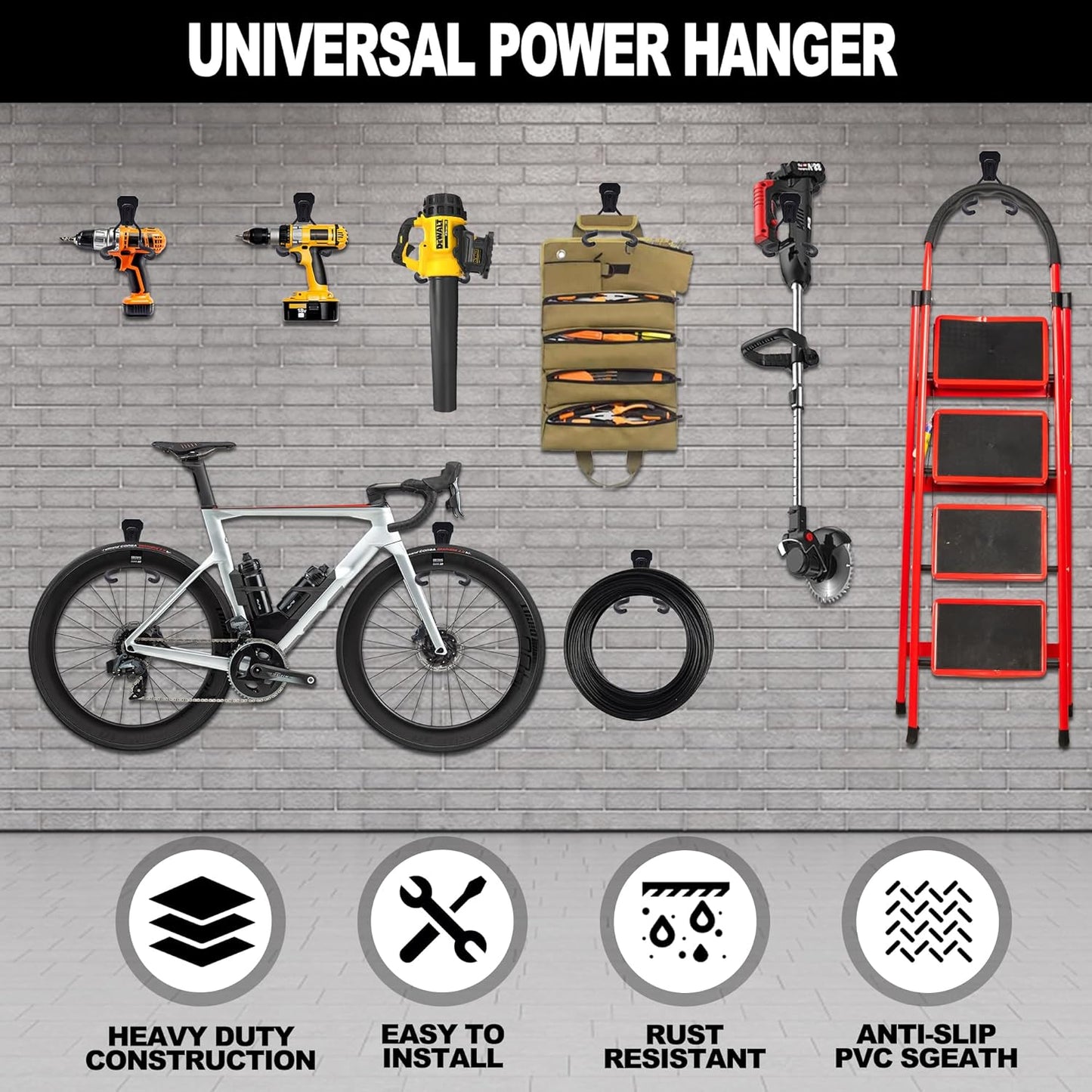 Garden Power Tool Hanger - 4Pcs Steel String Trimmer Holder Wall Mount, Grass Trimmer Organizer, Weed Eater Rack Garage Storage Hook for Weed Wacker, Leaf Blower and Other Lawn Equipment