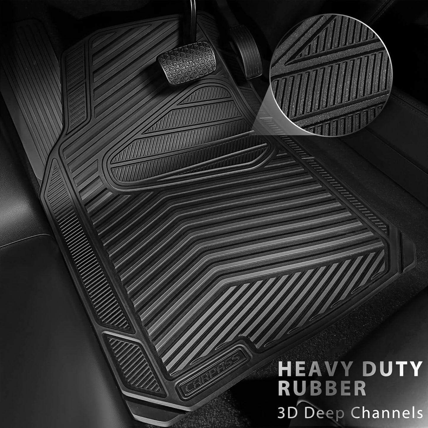 CAR PASS Rubber Car Mats,Car Floor Mats All Weather,Car Mat Full Set 3 Piece,Waterproof Automotive Floor Mat Trim to Fit for Cars Sedans SUVs Small Trucks,Heavy Duty Anti-Slip Easy Clean, All Black